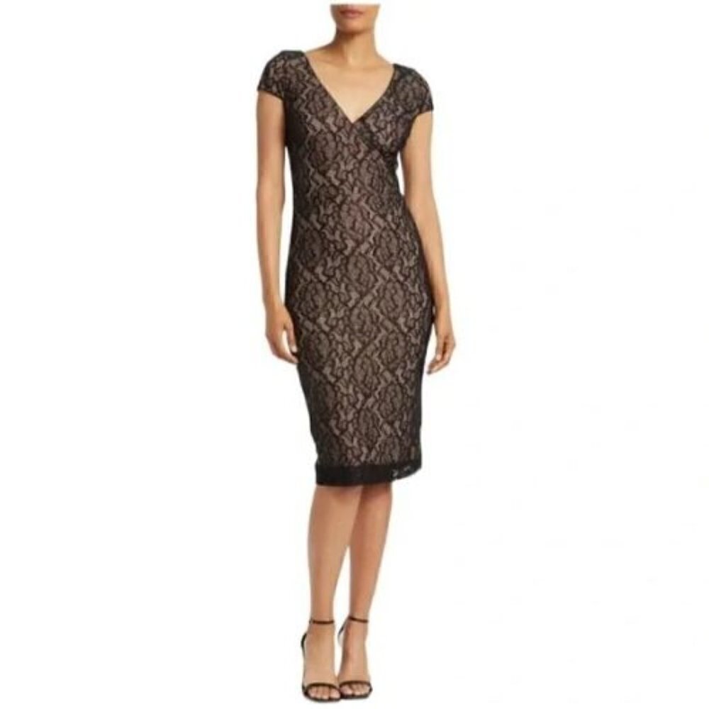 Dress the Population Jaleah cap sleeve black lace pencil shift dress new X-Small